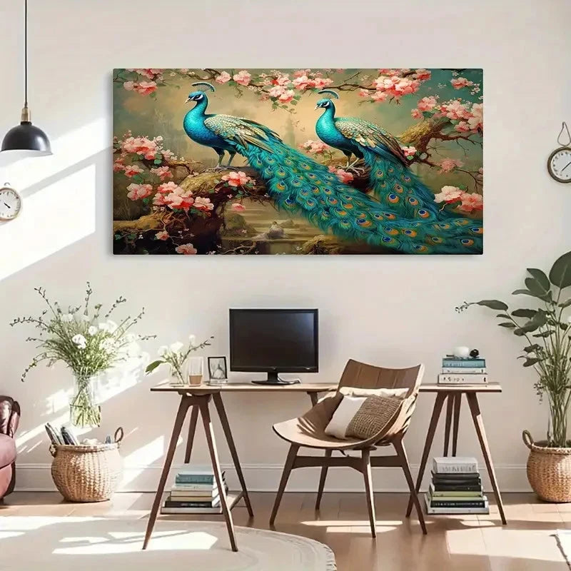 Stunning Blue Peacock & Peach Wall Art Canvas Office Home Room Framed 120x60cm - Bella Home Decor
