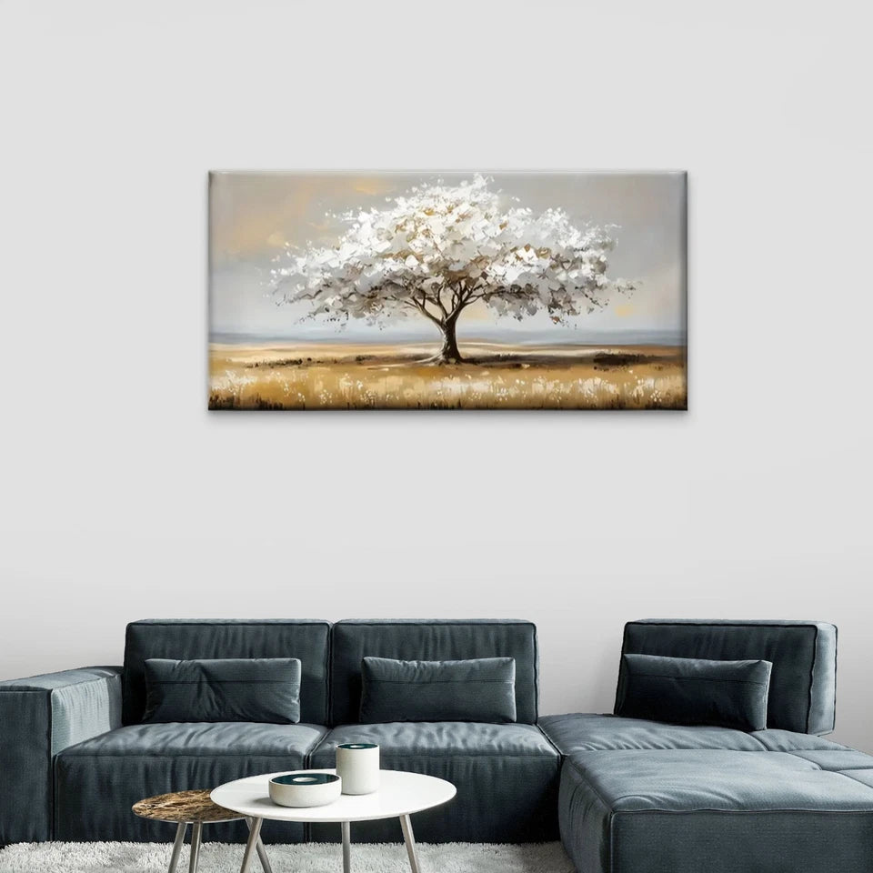 White Trees Grass Field Wall Art Canvas Office Home Room Framed 120x60cm