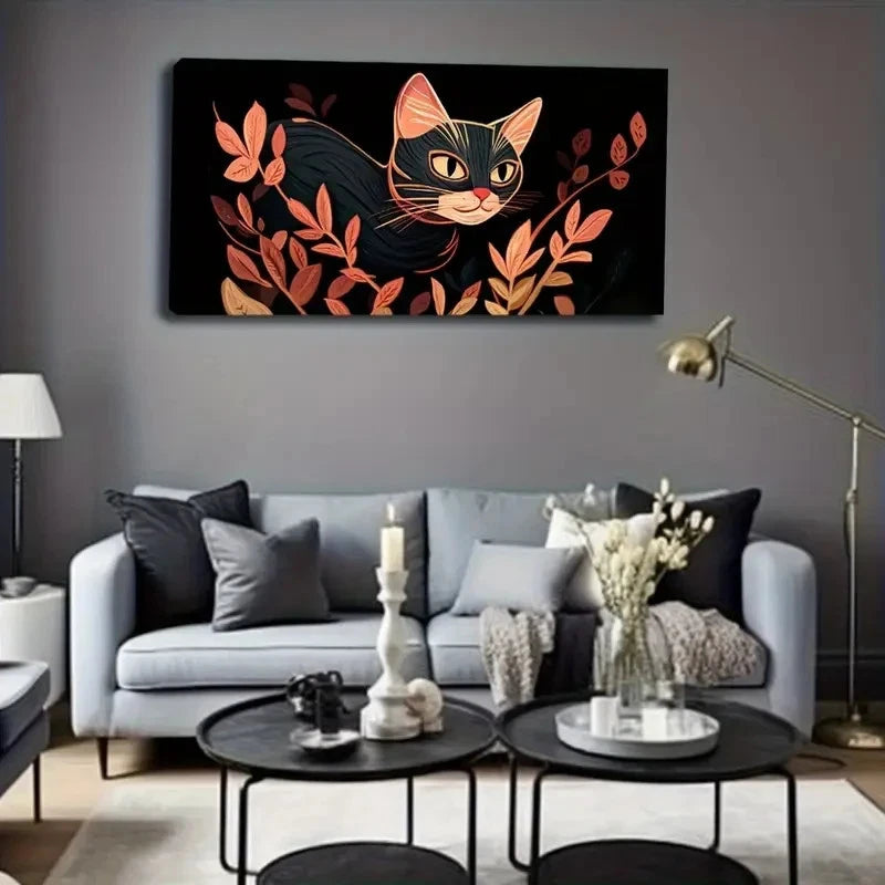 Abstract Black Cat & Orange Wall Art Canvas Office Home Room Framed 120x60cm