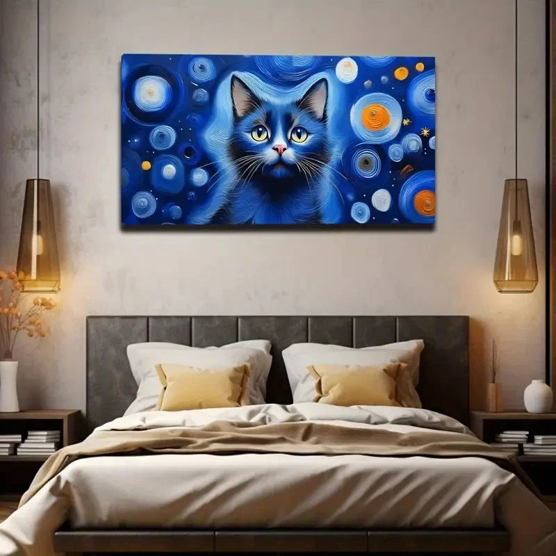 Mystical Blue Cat With Vibrant Wall Art Canvas Office Home Room Framed 120x60cm