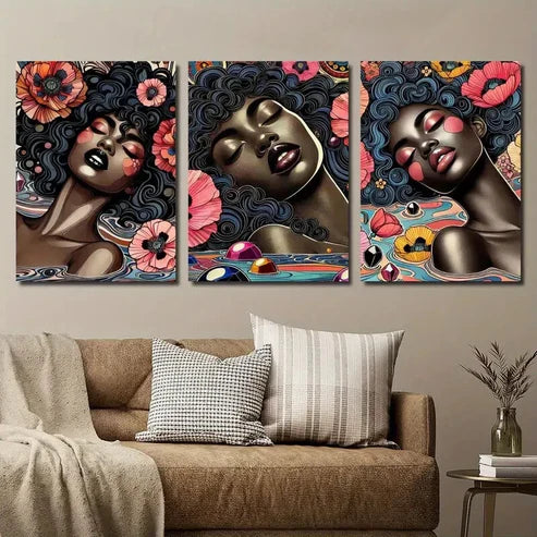 3pcs Vibrant Black Woman with Floral Headpieces Wall Art Set Canvas Unframed - High Quality Print 100% Australian Made Wall Canvas