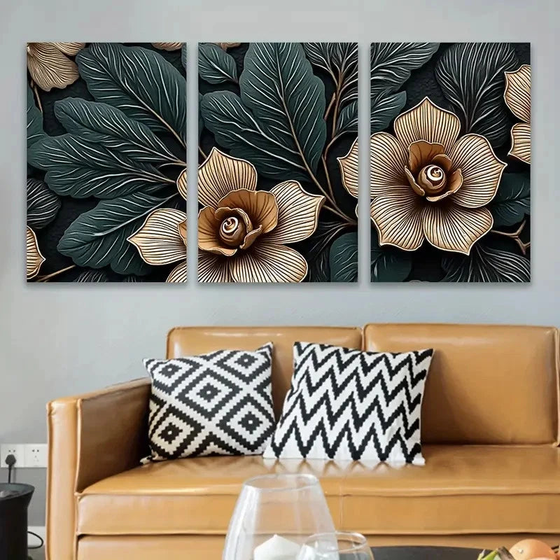 3pcs Black Background With Golden Flowers Wall Art Set Canvas Framed 40x60cm - High Quality Print 100% Australian Made Wall Canvas Ready to Hang - Bella Home Decor