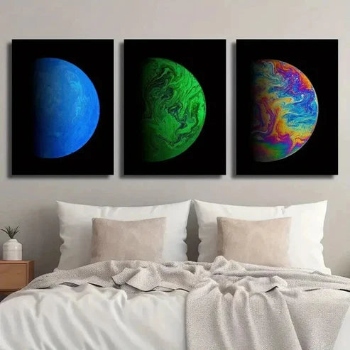 3pcs Colorful Planet on Black Background Wall Art Set Canvas Unframed - High Quality Print 100% Australian Made Wall Canvas - Bella Home Decor