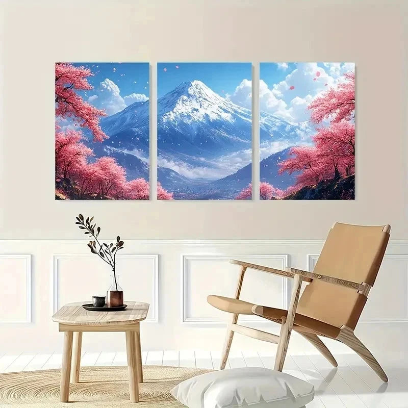3pcs Cherry Blossom Mountain Nature Perfect Wall Art Set Canvas Framed 40x60cm - High Quality Print 100% Australian Made Wall Canvas Ready to Hang - Bella Home Decor