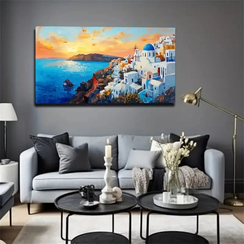 Vibrant Aerial View Santorini Wall Art Canvas Office Home Room Framed 120x60cm
