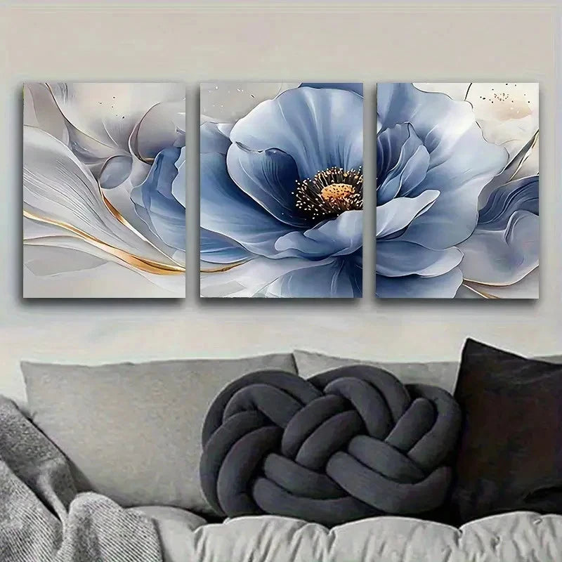 3pcs Blue Anemone Flower Illustration Wall Art Set Canvas Framed 50x70cm - High Quality Print 100% Australian Made Wall Canvas Ready to Hang - Bella Home Decor