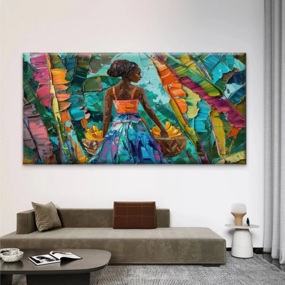 Tropical Woman with Bananas Wall Art Canvas Office Home Room Framed 120x60cm