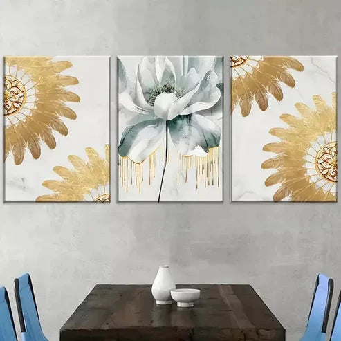 3pcs Elegant Golden Light Luxury Floral Canvas Unframed - High Quality Print 100% Australian Made Wall Canvas