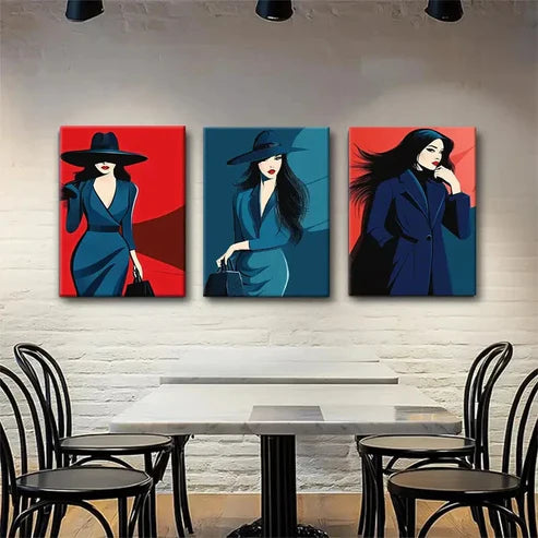 3pcs Elegant Fashion Illustration Woman Wall Art Canvas Unframed - High Quality Print 100% Australian Made Wall Canvas
