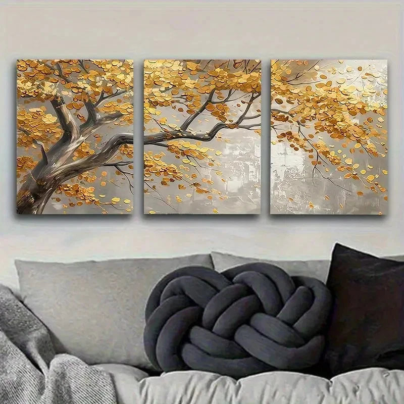 3pcs Golden Autumn Leaves Wall Art Set Canvas Framed 40x60cm - High Quality Print 100% Australian Made Wall Canvas Ready to Hang - Bella Home Decor