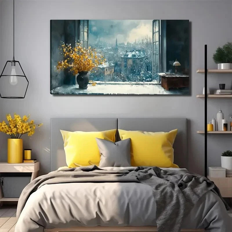 Vibrant Cityscape With Yellow Wall Art Canvas Office Home Room Framed 120x60cm