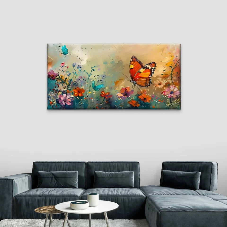 Vibrant Butterfly & Floral Wall Art Canvas Office Home Room Framed 120x60cm