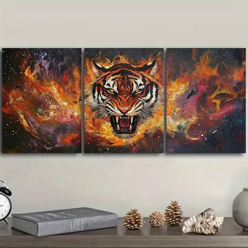 3pcs Flame Tiger ART Painting Wall Art Set Canvas Framed 40x60cm - High Quality Print 100% Australian Made Wall Canvas Ready to Hang