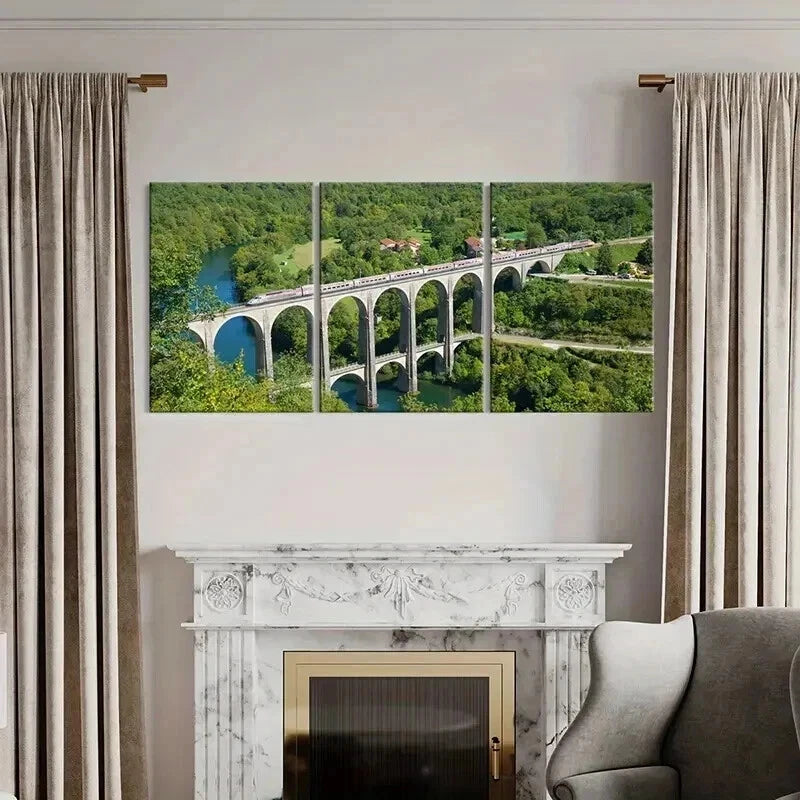 3pcs Big Bridge Over a River and Train Wall Art Set Canvas Framed 60x90cm - High Quality Print 100% Australian Made Wall Canvas Ready to Hang - Bella Home Decor