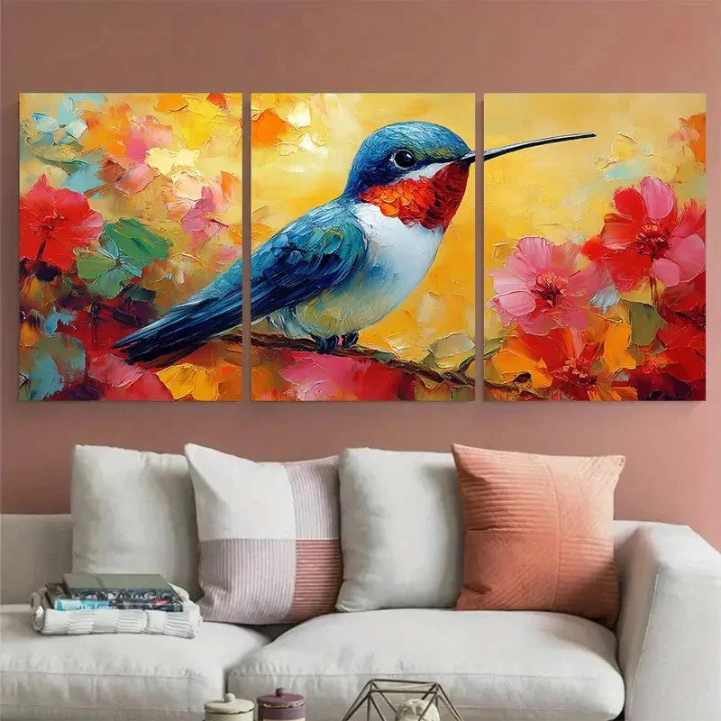 3pcs Hummingbird Small Birds Impasto Perfect Wall Art Set Canvas Framed 40x60cm - High Quality Print 100% Australian Made Wall Canvas Ready to Hang
