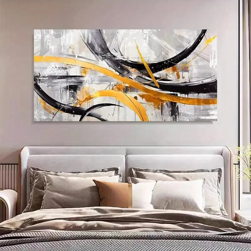 Abstract Black & Yellow Line Wall Art Canvas Office Home Room Framed 120x60cm