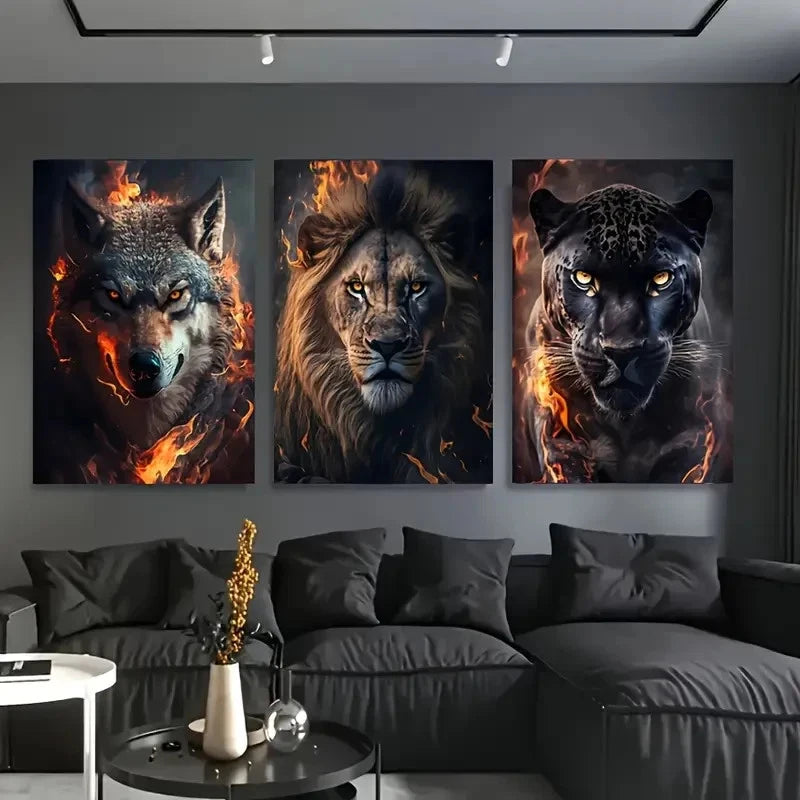 3pcs Fierce Wolf, Lion, and Leopard Wall Art Set Canvas Framed 60x90cm - High Quality Print 100% Australian Made Wall Canvas Ready to Hang - Bella Home Decor