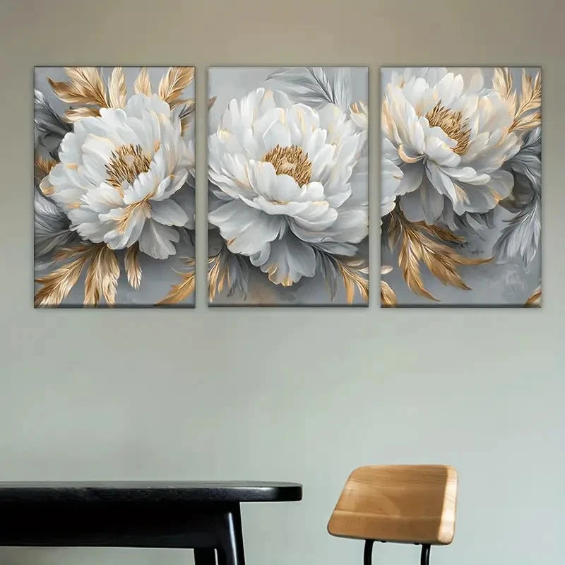 3pcs a painting of white flowers with gold leave Wall Art Set Canvas Framed 40x60cm - High Quality Print 100% Australian Made Wall Canvas Ready to Hang - Bella Home Decor