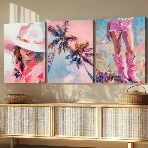 3pcs Palm Summer Cowgirl Girly Trendy Dorm Wall Art Set Canvas Unframed - High Quality Print 100% Australian Made Wall Canvas