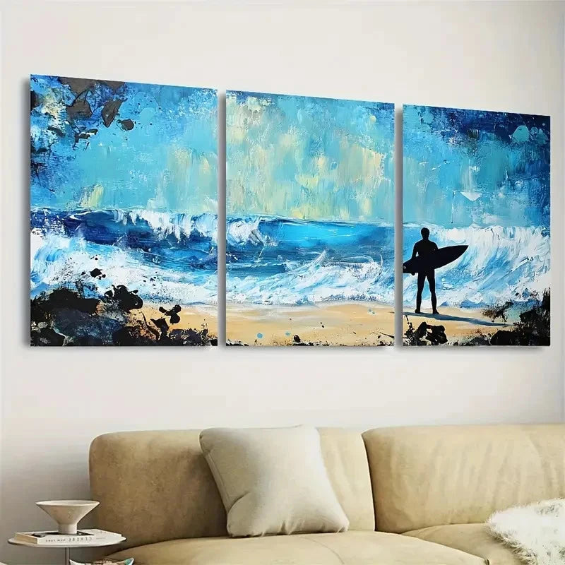 3pcs Surfer Blue Ocean Wall Art Set Canvas Framed 60x90cm - High Quality Print 100% Australian Made Wall Canvas Ready to Hang
