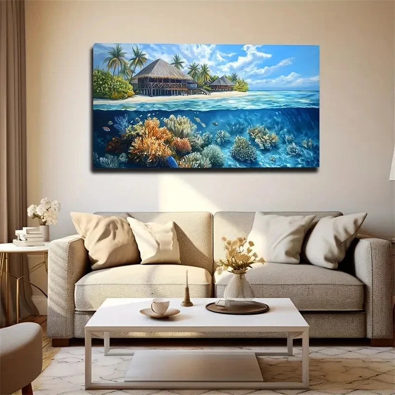 Island Thatched Hut And Coral Wall Art Canvas Office Home Room Framed 120x60cm