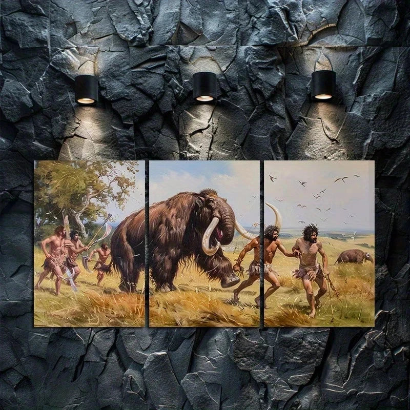 3pcs Prehistoric Hunting Scene Ancient Humans Metal Print Ready to Hang Art