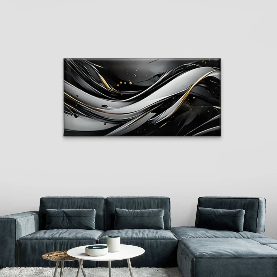 Black Golden Abstract Swirling Wall Art Canvas Office Home Room Framed 120x60cm