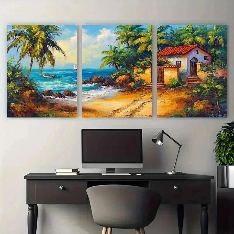 3pcs House Painting Karibbean Landscape Perfect Wall Art Set Canvas Framed 50x70cm - High Quality Print 100% Australian Made Wall Canvas Ready to Hang