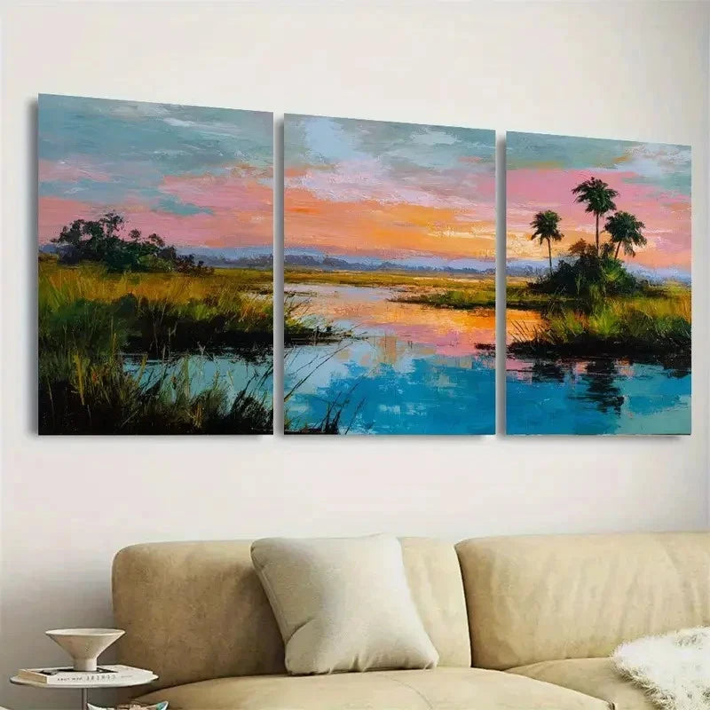 3pcs Wetland Florida Coastal, Sunset Wall Art Set Canvas Framed 50x70cm - High Quality Print 100% Australian Made Wall Canvas Ready to Hang