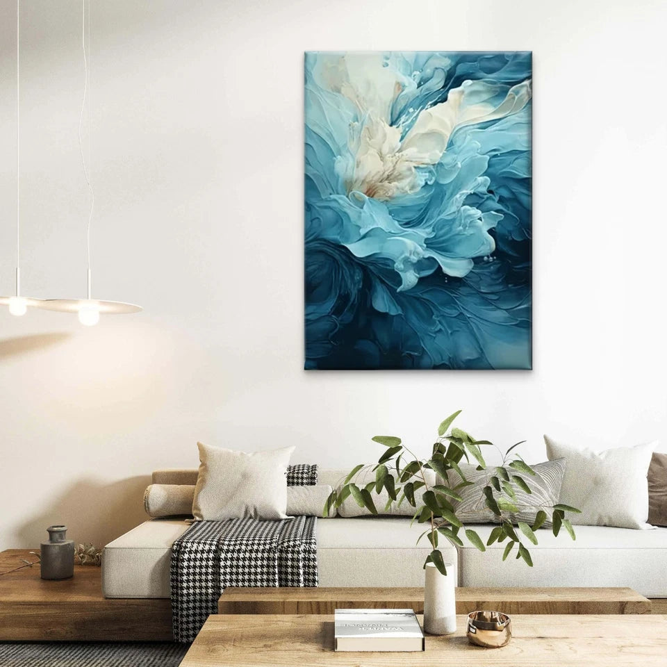 Fluid Abstract in Blue and Cream 40x60cm Metal Print Ready to Hang