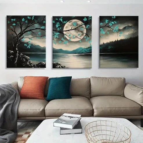 3pcs Tranquil Moonlit Forest Lake And Tree Wall Art Set Canvas Unframed - High Quality Print 100% Australian Made Wall Canvas