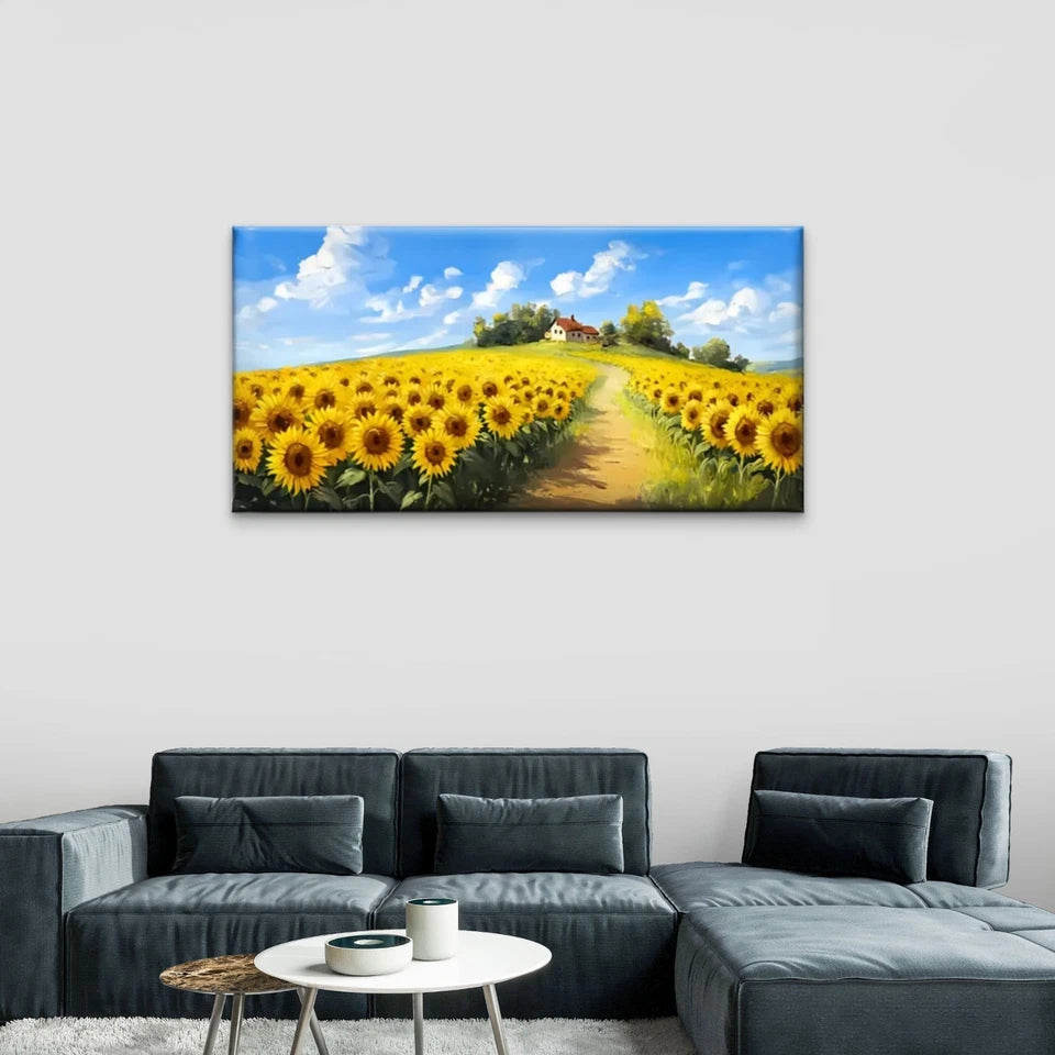 Vibrant Sunflower Blue Sky Wall Art Canvas Office Home Room Framed 120x60cm