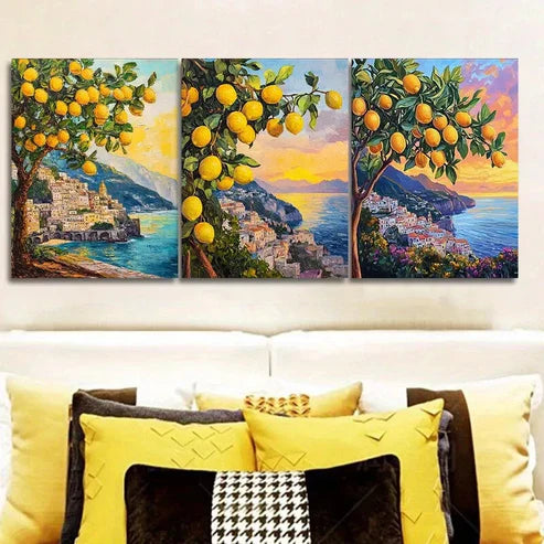 3pcs Lemon Tree In A Coastal Area Wall Art Canvas Unframed - High Quality Print 100% Australian Made Wall Canvas