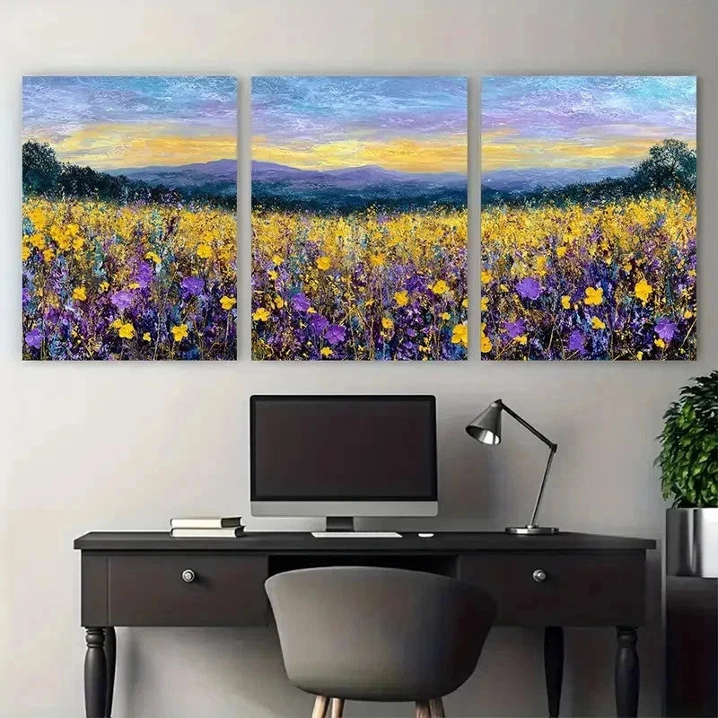 3pcs Colorful Meadow Sunset Field Perfect Wall Art Set Canvas Framed 50x70cm - High Quality Print 100% Australian Made Wall Canvas Ready to Hang - Bella Home Decor