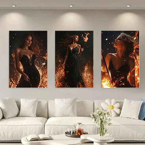 3pcs Women in Flames, Vibrant WF Wall Art Set Canvas Unframed - High Quality Print 100% Australian Made Wall Canvas