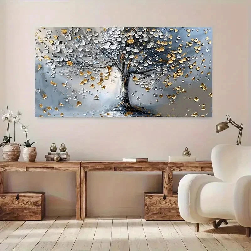 Golden Textured Tree wall canvas office home room framed 120x60cm - Bella Home Decor