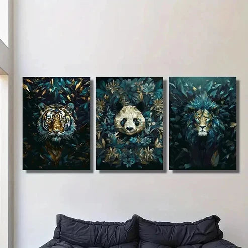 3pcs Blue Geometric Tiger Lion and Giant Panda Wall Art Canvas Unframed - High Quality Print 100% Australian Made Wall Canvas - Bella Home Decor