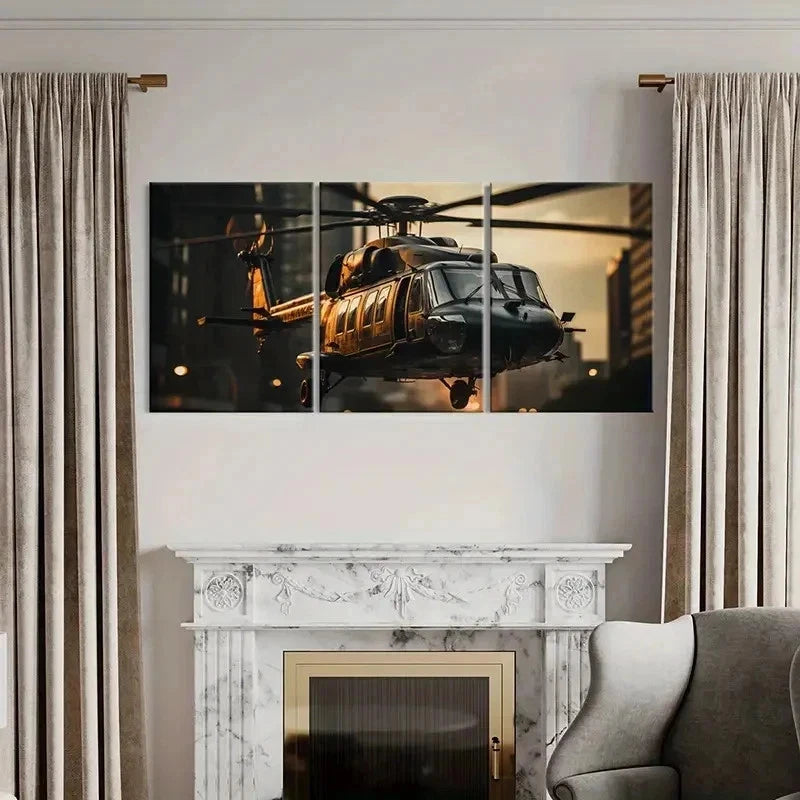 3pcs Helicopter Over Cityscape Decor Wall Art Set Canvas Framed 40x60cm - High Quality Print 100% Australian Made Wall Canvas Ready to Hang