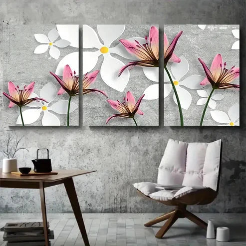3pcs Pink Lily & White Floral Abstract Wall Art Canvas Unframed - High Quality Print 100% Australian Made Wall Canvas