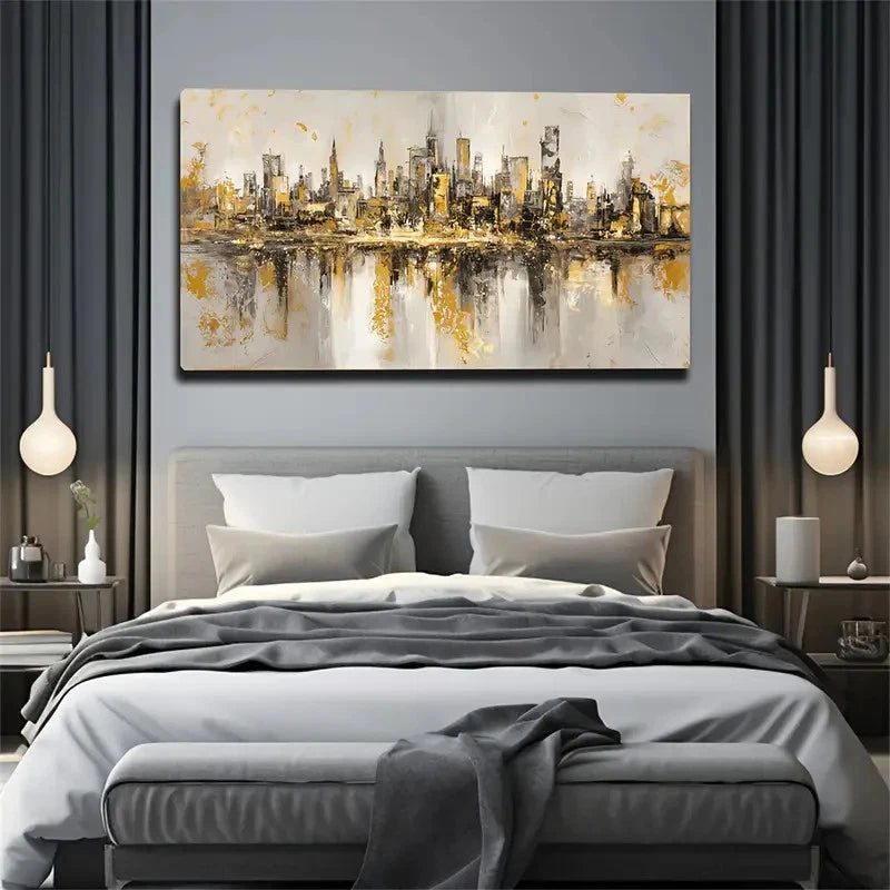 Beige & Golden Urban Reflection Wall Art Canvas Office Home Room Framed 120x60cm