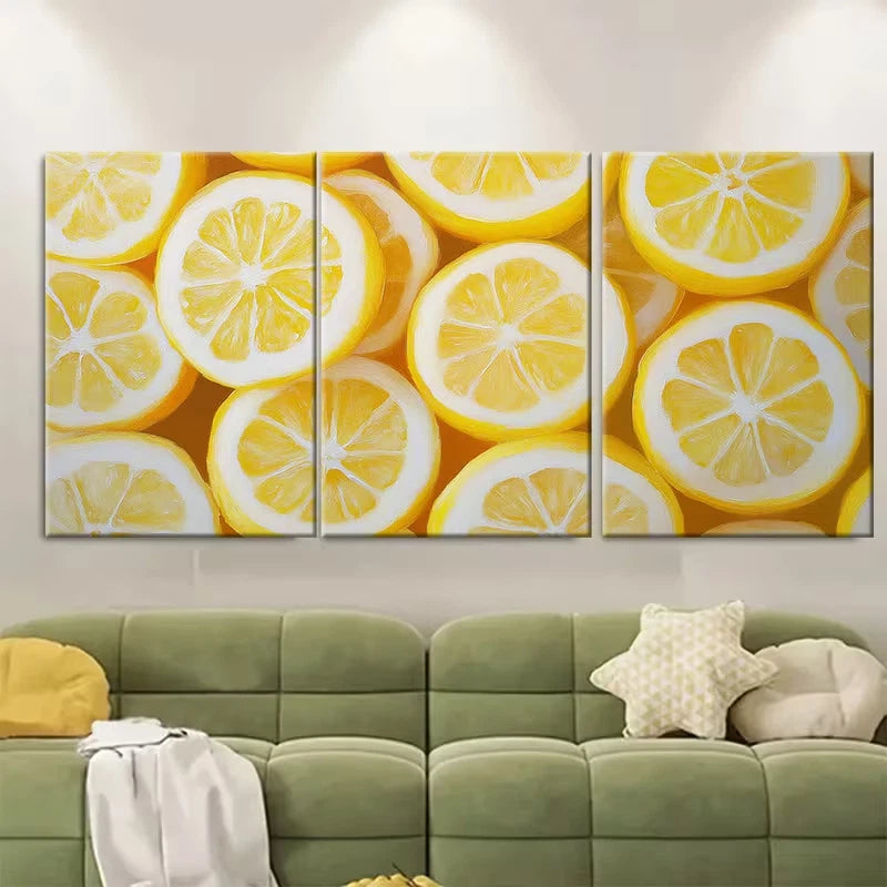 3pcs Lemon Slices Fruit Painting Metal Print Ready to Hang Art