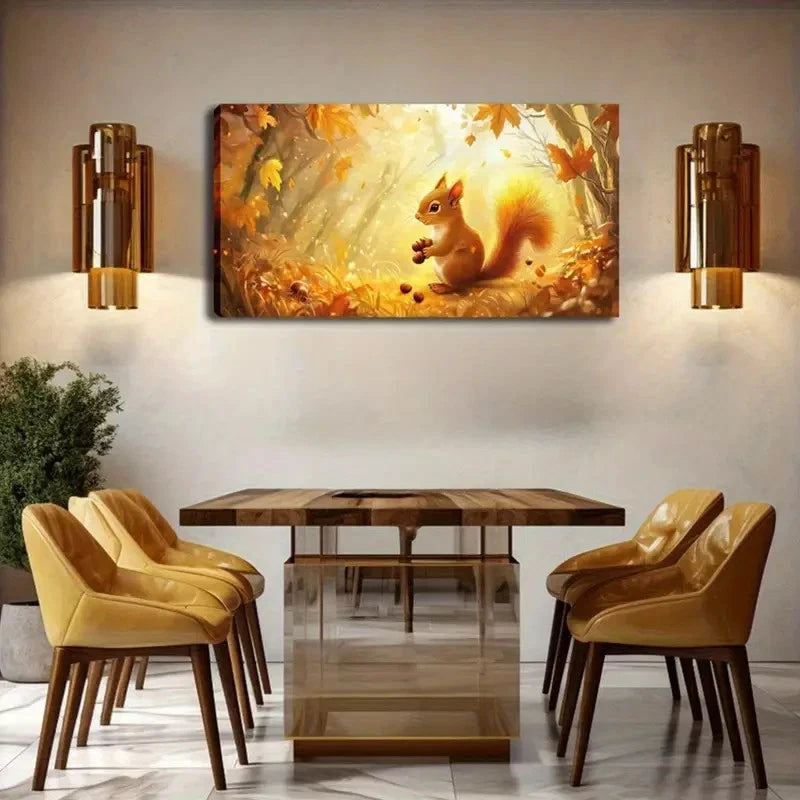 Squirrel And Autumn Leaves Wall Art Canvas Office Home Room Framed 120x60cm - Bella Home Decor