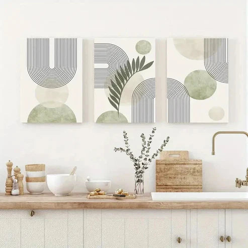 3pcs Abstract Sage Green Geometric Line Wall Art Set Canvas Unframed - High Quality Print 100% Australian Made Wall Canvas - Bella Home Decor