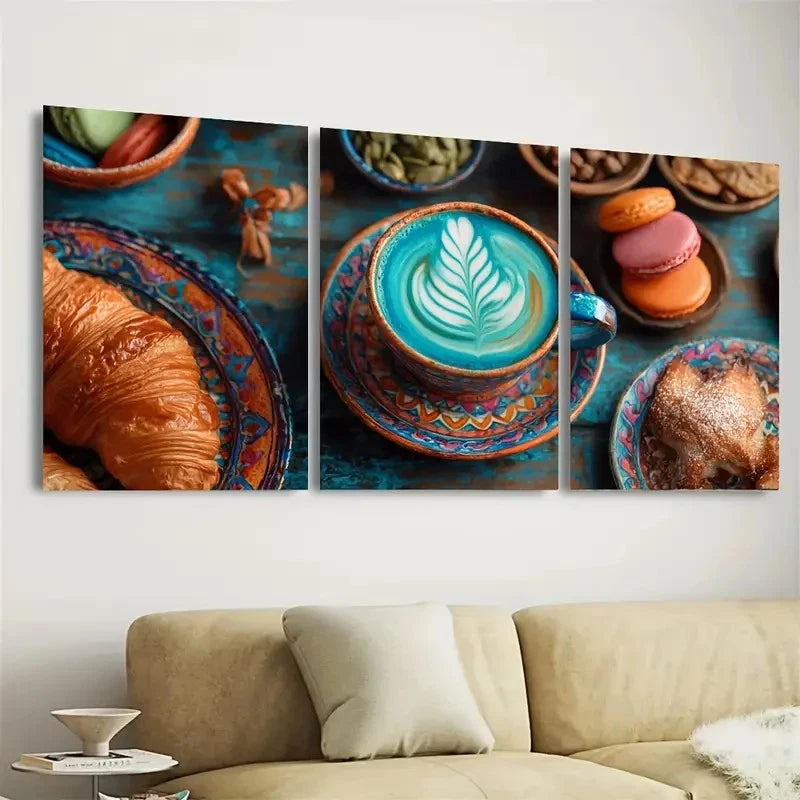 3pcs Croissants and Coffee Boho Kitchen Wall Art Set Canvas Framed 50x70cm - High Quality Print 100% Australian Made Wall Canvas Ready to Hang - Bella Home Decor