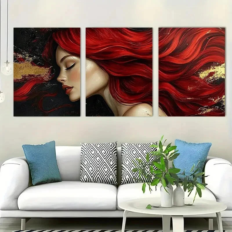 3pcs Dynamic Red Hair Art Glamorous Perfect Wall Art Set Canvas Framed 40x60cm - High Quality Print 100% Australian Made Wall Canvas Ready to Hang - Bella Home Decor
