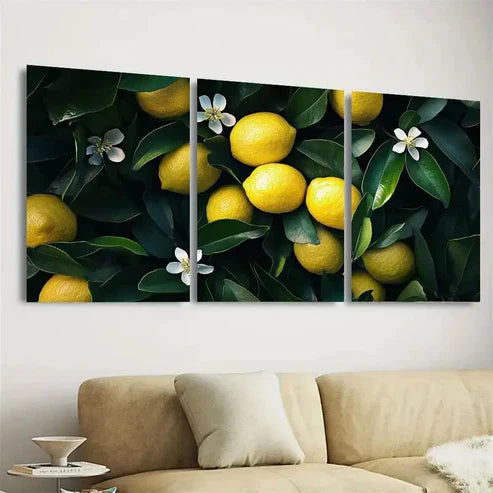 3pcs Vibrant Lemon & Floral Wall Art Set Canvas Unframed – High Quality Print, 100% Australian Made Wall Canvas - Bella Home Decor