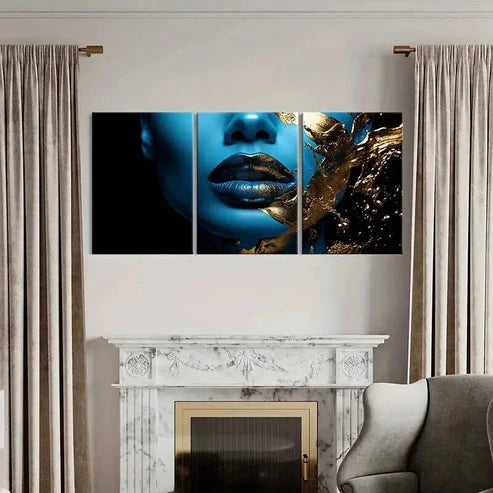 3pcs Golden Lips Abstract Blue Face Wall Art Canvas Unframed - High Quality Print 100% Australian Made Wall Canvas - Bella Home Decor
