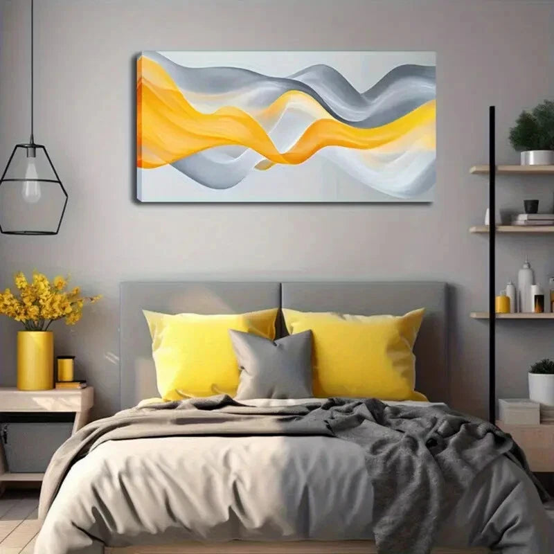Vibrant Orange & Gray Waves Wall Art Canvas Office Home Room Framed 120x60cm - Bella Home Decor