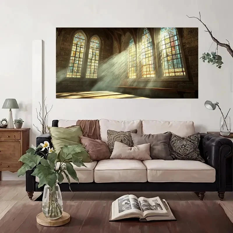 Gothic Interior Glass Window Wall Art Canvas Office Home Room Framed 120x60cm.