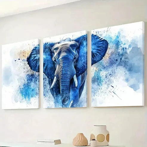 3pcs Majestic Watercolor Textured Blue Elephant Art Set Canvas Unframed - High Quality Print 100% Australian Made Wall Canvas